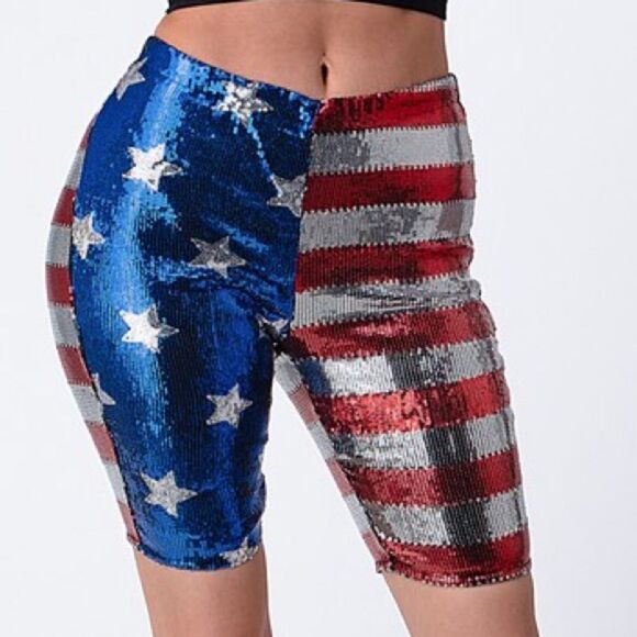Bear Dance Pants - USA American Flag Metallic Sequin Biker Shorts